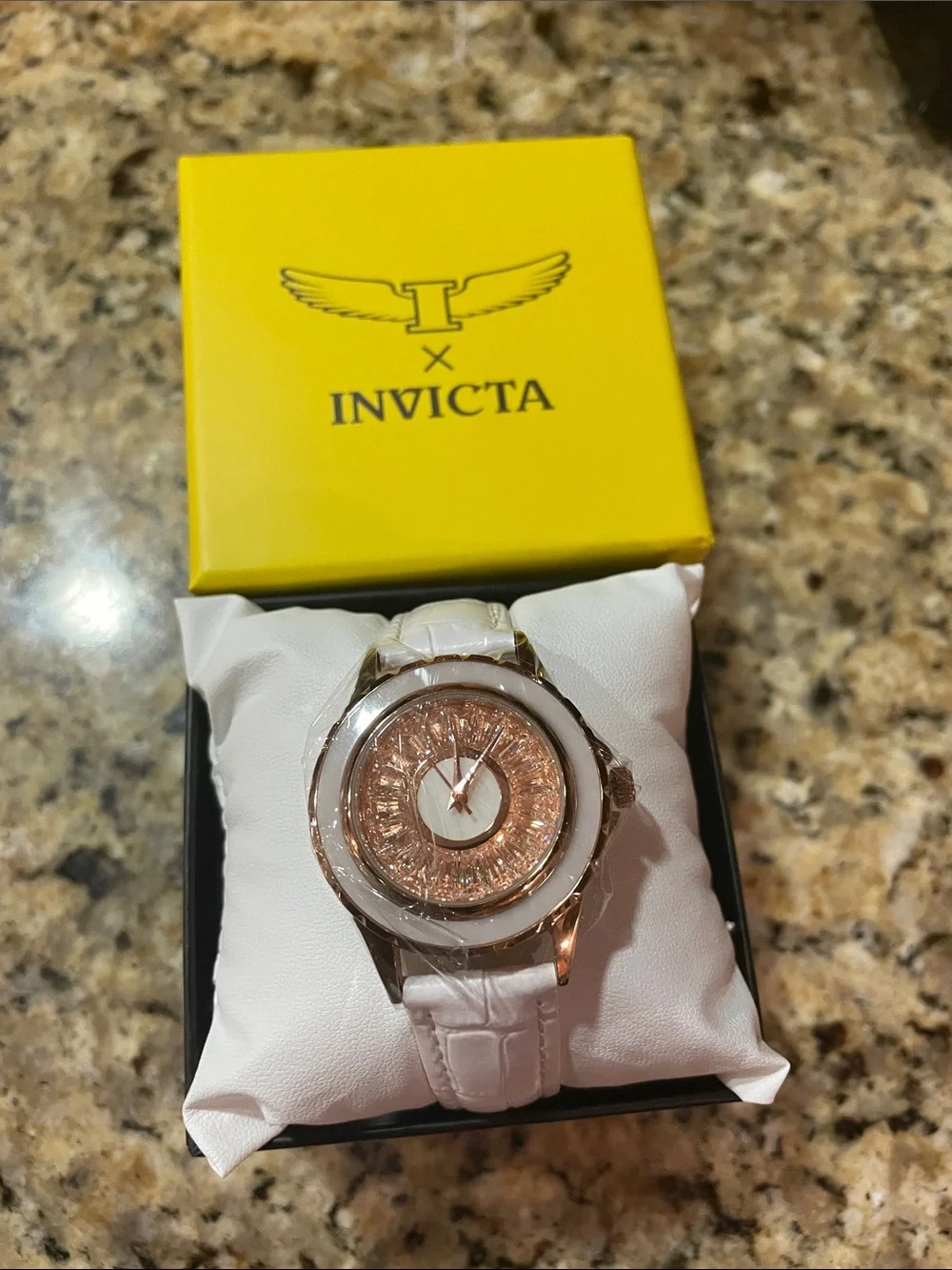 Invicta Celestial Women's White Leather Strap Watch with Rose Gold Dial
